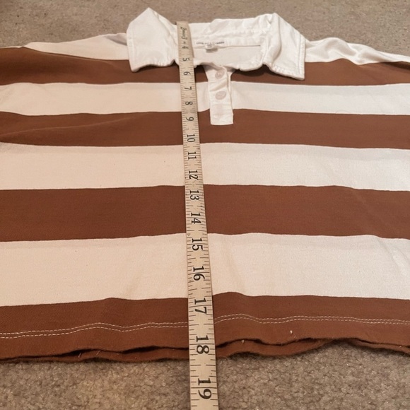 Brown Striped Polo Collar Long Sleeve Cropped Casual Tee - Picture 7 of 7